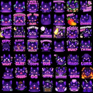 May include: A collection of forty-eight digital stickers featuring a purple bat character with a star on its forehead, displaying various expressions and actions with text captions like Mute Please, Obsessed, Bleh, Mine, Begone, and Trash Bat.