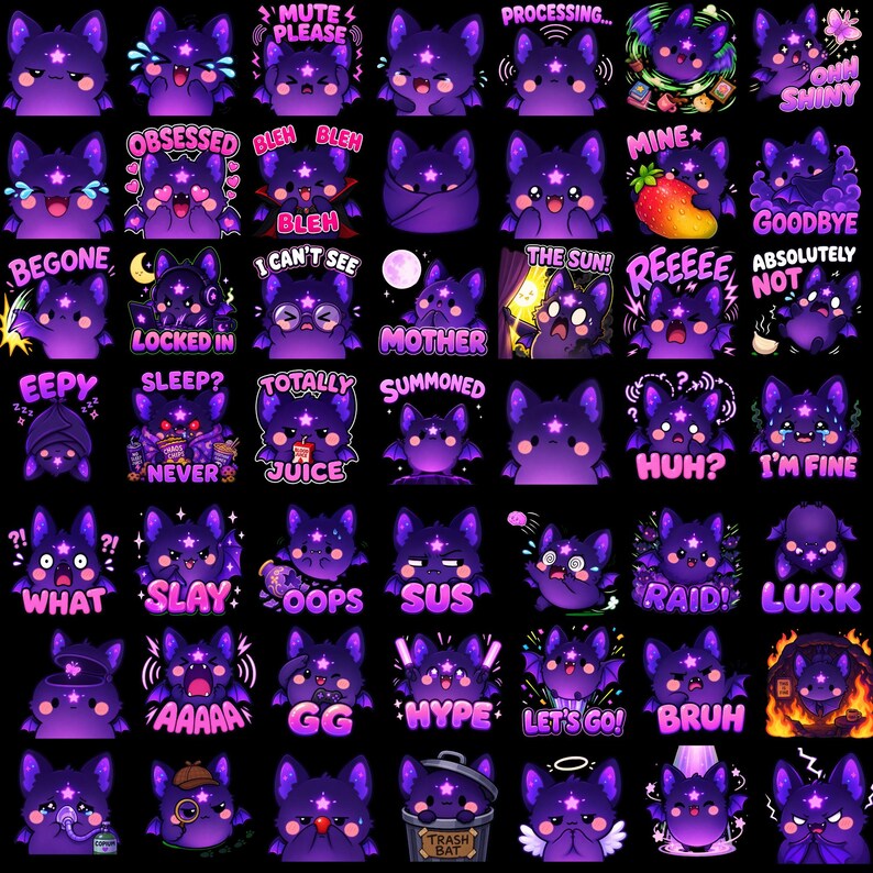 May include: A collection of forty-eight digital stickers featuring a purple bat character with a star on its forehead, displaying various expressions and actions with text captions like Mute Please, Obsessed, Bleh, Mine, Begone, and Trash Bat.