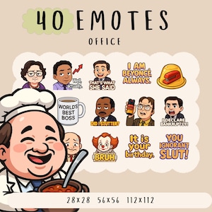 Cute Kawaii office emote  bundle twitch, youtube, discord emotes, michael scott emotes,  trendy emote, anime cartoon style, tv show office