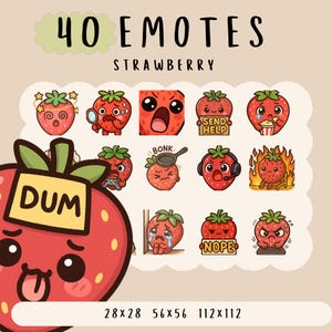 Leuke kawaii aardbei-emote bundel twitch, youtube, onenigheid-emotes, bessen-emotes, trendy emotes, anime-tekenfilmstijl, schattige vruchten