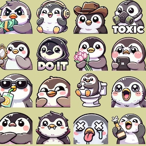 May include: A set of 16 penguin emoji stickers with various expressions and accessories. The stickers feature penguins wearing sunglasses, hats, and holding items like a phone, a flower bouquet, and a glass of juice. The stickers also include text like "DO IT" and "TOXIC".