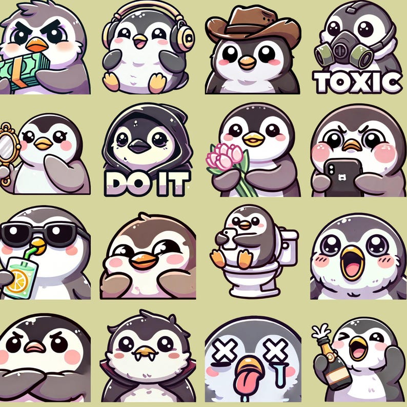 May include: A set of 16 penguin emoji stickers with various expressions and accessories. The stickers feature penguins wearing sunglasses, hats, and holding items like a phone, a flower bouquet, and a glass of juice. The stickers also include text like "DO IT" and "TOXIC".