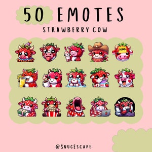 Cute Kawaii Strawberry cow  bundle twitch, youtube, discord emotes, cute cow emotes,  trendy emotes, anime cartoon style, sweet
