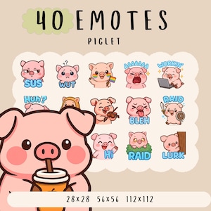 Puede incluir: Una colección de 40 emoticonos de cerditos con diversas expresiones, incluyendo "SUS", "WUT" y "RAID". La imagen presenta un gran cerdo rosa bebiendo una bebida, con dimensiones de 28x28, 56x56 y 112x112.