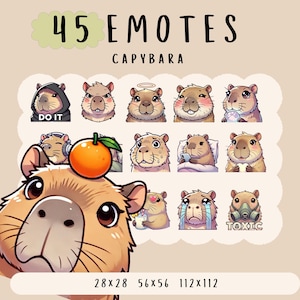 Lindo paquete de emoticones de capibara kawaii para Twitch, YouTube, Discord, emoticones de capibara lindos, emoticones de moda, animal lindo estilo caricatura anime