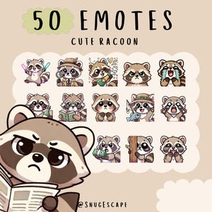 Lindo paquete de emoticones de mapache kawaii para Twitch, YouTube, Discord, emoticones de mapache lindos, emoticones de moda, estilo de dibujos animados de anime, panda de basura