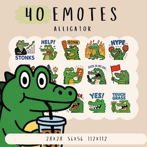 Cute green alligator emote  bundle twitch, youtube, discord emotes, crocodile emotes,  trendy emotes, anime cartoon style,cutesie animals