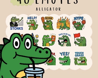 Cute green alligator emote  bundle twitch, youtube, discord emotes, crocodile emotes,  trendy emotes, anime cartoon style,cutesie animals