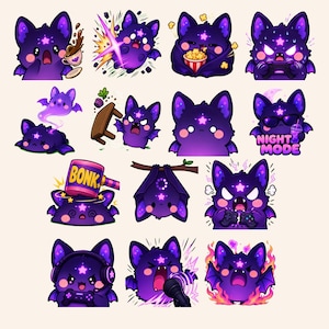 May include: A collection of fourteen digital stickers featuring a purple bat character with a star on its forehead. The bat is shown in various states, including drinking coffee, gaming, eating popcorn, wearing sunglasses with the text NIGHT MODE, and being hit by a hammer labeled BONK.