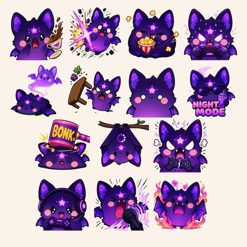 May include: A collection of fourteen digital stickers featuring a purple bat character with a star on its forehead. The bat is shown in various states, including drinking coffee, gaming, eating popcorn, wearing sunglasses with the text NIGHT MODE, and being hit by a hammer labeled BONK.