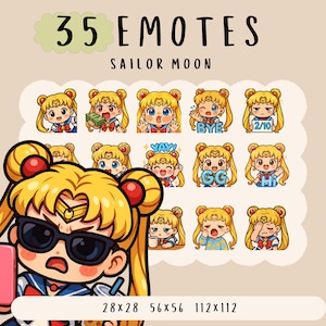 Lindo paquete de emoticones de chica marinera kawaii para Twitch, YouTube y Discord, emoticones de luna de chica gordita, emoticón de moda, estilo de dibujos animados de anime