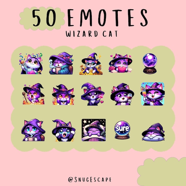 Cute Kawaii Witch cat emotes  bundle twitch, youtube, discord emotes, Mystical wiccan kitten,  trendy emotes, anime cartoon style, occult