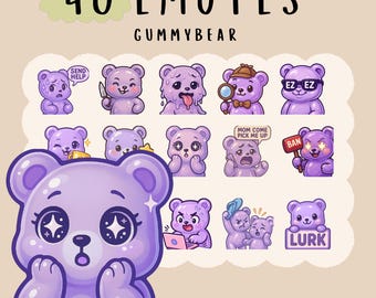 Kawaii Lilac Gummy Bear Emotes: Twitch, YouTube, Discord Bundle