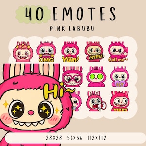 Cute Kawaii pink labubu emote  bundle twitch, youtube, discord emotes, cute funny pink monster emotes,  trendy emote, anime cartoon style