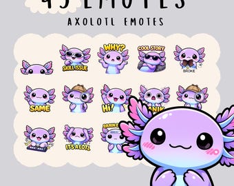 Cute Kawaii cute pastel axolotl emote  bundle twitch, youtube, discord emotes, cute water animal emotes,  trendy emote, anime cartoon style