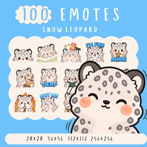 Puede incluir: Una colección digital de 100 emoticonos de leopardo de las nieves con diversas expresiones y acciones, incluyendo textos como I'M FINE, MINE, DERP y NOT ME. El set incluye tamaños de 28x28, 56x56, 112x112 y 256x256 píxeles sobre fondo azul claro.
