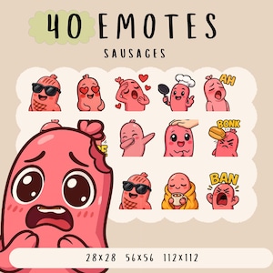 Cute Kawaii sausage emote  bundle twitch, youtube, discord emotes, cute funny sausage emotes,  trendy food emote, anime cartoon style