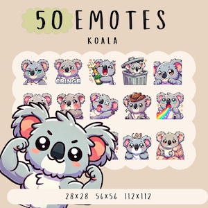 Pacchetto di emote kawaii carinissimo koala twitch, youtube, emote discord, emote carinissimi koala, emote alla moda, stile cartone animato anime, animali carinissimi