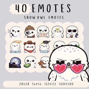 May include: A collection of 40 Snow Owl emotes in various poses and expressions. The emotes include owls with a knife, magnifying glass, and holding signs. The image also shows the different sizes of the emotes: 28x28, 56x56, 112x112, and 500x500.