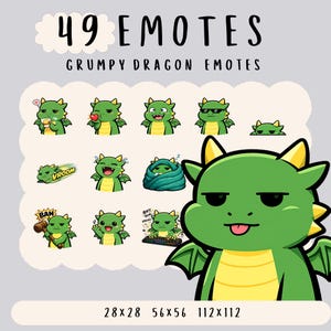 Könnte beinhalten: Eine Sammlung von 49 digitalen Emotes mit einem grünen Drachen mit gelben Akzenten. Die Emotes zeigen verschiedene Ausdrücke und Aktionen, darunter das Halten eines Herzens, das Tragen einer Sonnenbrille und das Schlafen. Der Text "49 EMOTES" und "GRUMPY DRAGON EMOTES" wird angezeigt.