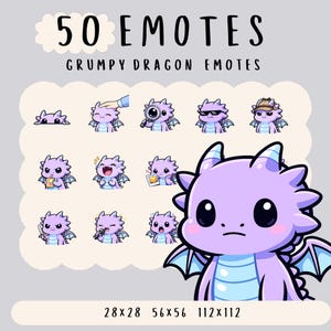 Puede incluir: Gráfico de arte digital con 50 "Grumpy Dragon Emotes" en varias poses y expresiones. Los emoticonos son en tonos de morado y azul, con una gran ilustración detallada de un dragón en la parte inferior derecha. La imagen incluye dimensiones: 28x28, 56x56 y 112x112.