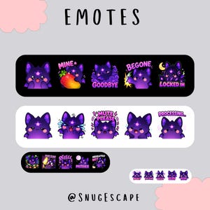May include: A collection of digital emotes featuring a purple bat character with a star on its forehead. The emotes display various expressions and text including MINE, GOODBYE, BEGONE, LOCKED IN, MUTE PLEASE, PROCESSING, THE SUN, REEEEE, MOTHER, ABSOLUTELY NOT, HUH, I'M FINE, WHAT, SLAY, and SUS.