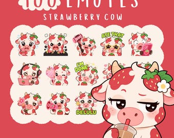 Kawaii Strawberry Cow Emotes: Twitch, YouTube, Discord Bundle