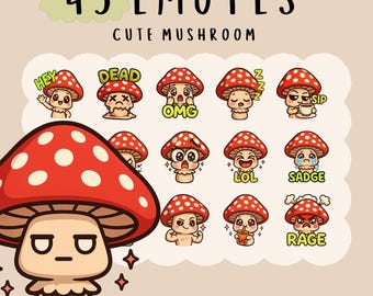 Cute Kawaii mushroom emote  bundle twitch, youtube, discord emotes, cute fly agaric emotes,  trendy emotes, anime cartoon style cutesie