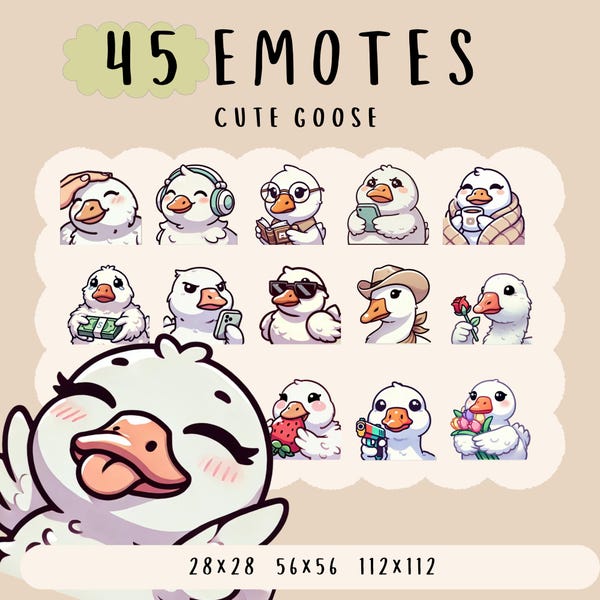 Cute Kawaii goose emote  bundle twitch, youtube, discord emotes, white duck emotes,  trendy bird emotes, anime cartoon style, cutesie animal