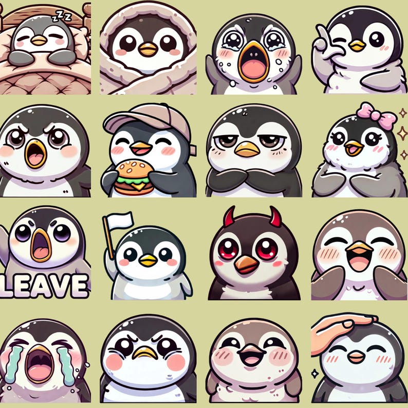 May include: A set of 15 cartoon penguin emojis with various expressions, including sleeping, yawning, smiling, and winking. The penguins are all in different poses and have different colored eyes and beaks.