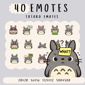 May include: A collection of 40 Totoro emotes in various expressions, including "SLAY," "YES!," and "WHAT?" The emotes are displayed on a light gray background, with size dimensions of 28x28, 56x56, 112x112, and 500x500 pixels.