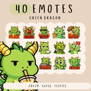 Leuke kawaii groene draak emote bundel twitch, youtube, onenigheid-emotes, fantasie-emotes, trendy emotes, anime-tekenfilmstijl, schattige draken
