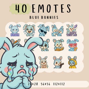 Cute Kawaii bunny emote  bundle twitch, youtube, discord emotes, blue bunny emotes,  trendy emotes, anime cartoon style, cutesie animals