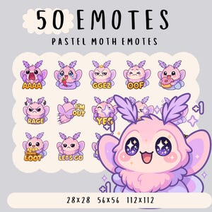 May include: A collection of 50 pastel moth emotes with various expressions, including "AAAA", "RAGE", and "LOOT". The emotes are in shades of pink and purple, with text labels. The image also shows the sizes: 28x28, 56x56, and 112x112.