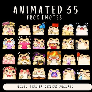 Può includere: Una collezione di 35 emote di rane animate su sfondo nero, che mostrano varie espressioni e attività come bere boba, tenere un cuore, mangiare ramen e indossare un cappello da strega. Testo: ANIMATED 35 FROG EMOTES e 56x56 112x112 128x128 256x256.