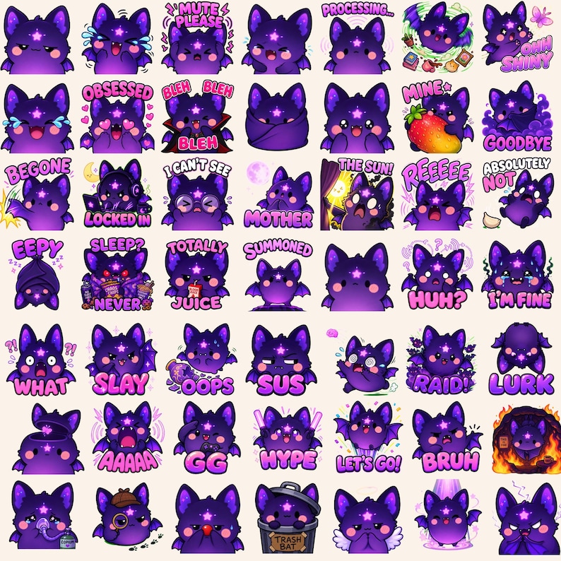 Cute Purple Bat Emotes Bundle, Twitch Discord Chibi Bat Emoji Pack, Funny Gamer Streamer Emotes, Kawaii Vampire Bat PNG image 6