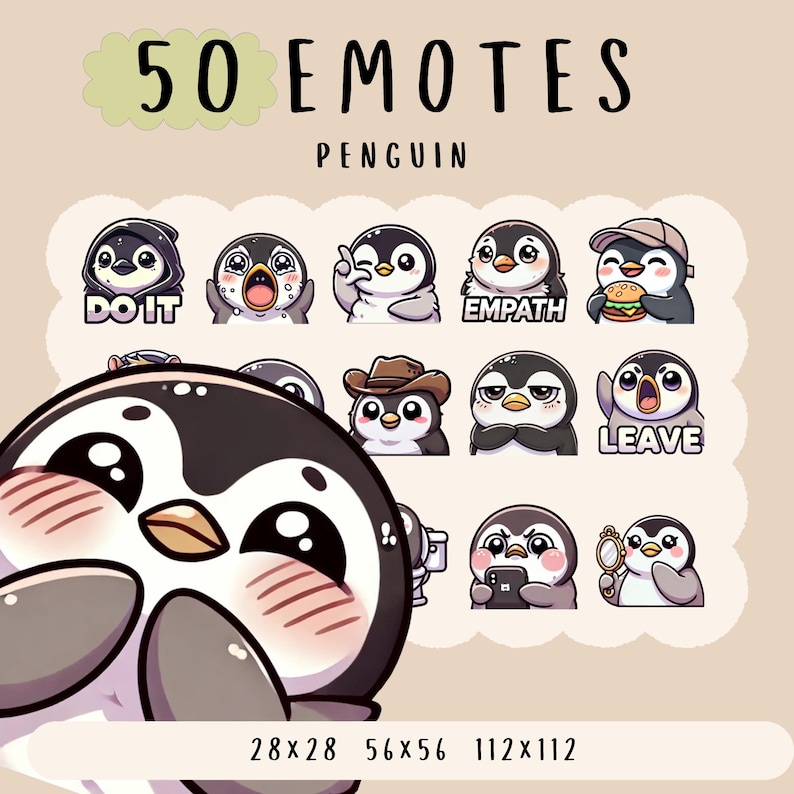 May include: A set of 50 penguin emoticons in various poses and expressions. The emoticons are in a grid format with the text "50 EMOTES PENGUIN" at the top. The emoticons are in different sizes, with the smallest being 28x28 pixels, the medium being 56x56 pixels, and the largest being 112x112 pixels.