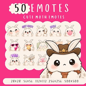 Könnte beinhalten: Ein rosa Grafik mit dem Text "50 EMOTES" und "CUTE MOTH EMOTES". Das Bild zeigt mehrere weiße, mottenartige Charaktere mit verschiedenen Ausdrücken. Der untere Teil des Bildes zeigt die Abmessungen der Emotes in Pixeln.
