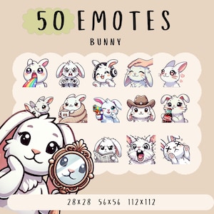 Cute Kawaii bunny emote  bundle twitch, youtube, discord emotes, white bunny emotes,  trendy emotes, anime cartoon style, cutesie animals
