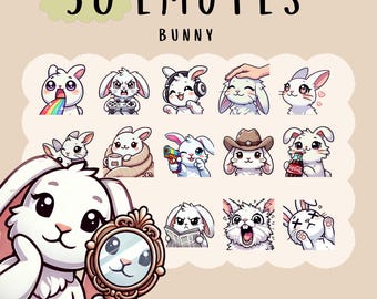 Cute Kawaii bunny emote  bundle twitch, youtube, discord emotes, white bunny emotes,  trendy emotes, anime cartoon style, cutesie animals