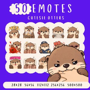 以下が含まれることがあります： 「50 Emotes Cutesie Otters」の文字と、様々な表情をした漫画のラッコのイラストが描かれた紫色のグラフィック。ラッコは鏡や三叉槍などのアイテムを持っています。サイズも記載されています。