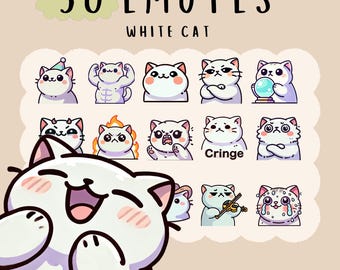 Kawaii White Cat Emote Bundle, Twitch, YouTube, Discord