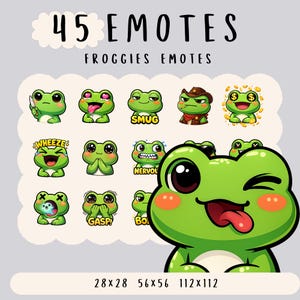 Può includere: Grafica digitale di 45 emote di rana con varie espressioni. Le emote includono una rana con un coltello, una rana con la lingua di fuori e una rana con simboli di dollaro per gli occhi. Il testo "45 EMOTES FROGGIES EMOTES" è in alto.