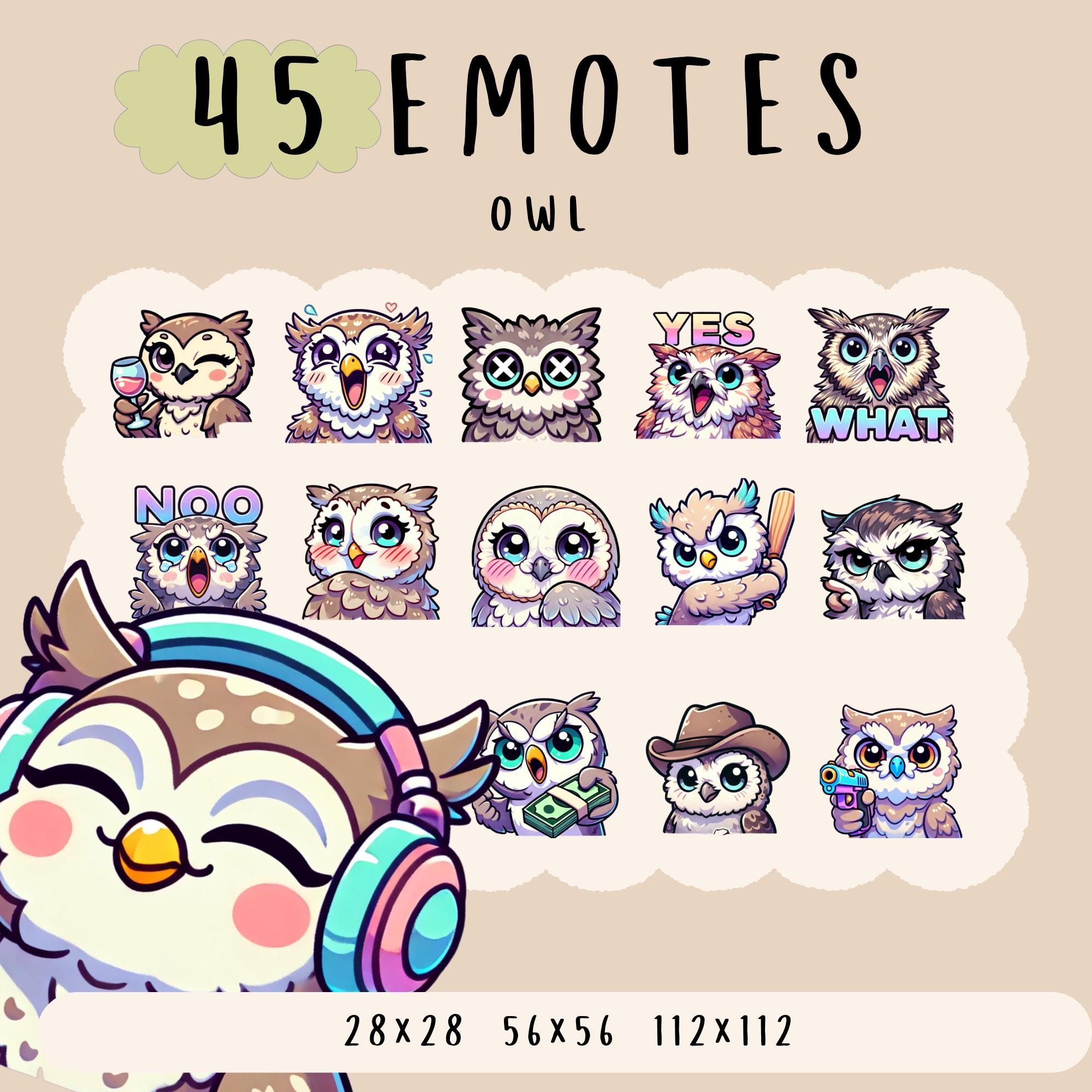 Cute Kawaii owl emote  bundle twitch, youtube, discord emotes, cute owl bird emotes,  trendy emotes,