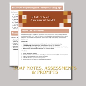 Puede incluir: Un kit de herramientas llamado "SOAP Notes & Assessment Toolkit" con un diseño marrón y blanco. Proporciona una plantilla para trabajadores sociales, con características clave como adaptabilidad y facilidad de uso. El texto "SOAP NOTES, ASSESSMENTS & PROMPTS" está en la parte inferior.
