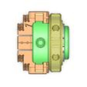 Puede incluir: Un componente mecánico que presenta una sección central cilíndrica de color verde claro con un puerto circular, flanqueado por una carcasa de color tostado con mecanismos de resorte internos visibles y un anillo exterior amarillo pálido.