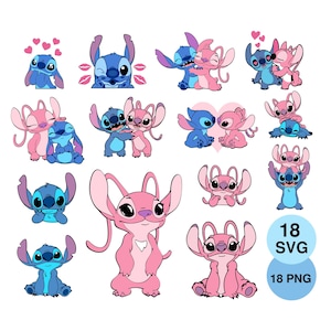 May include: A collection of cartoon illustrations featuring the characters Stitch and Angel in various poses. The images include Stitch winking, hugging Angel, and surrounded by hearts. The color palette is primarily blue and pink.