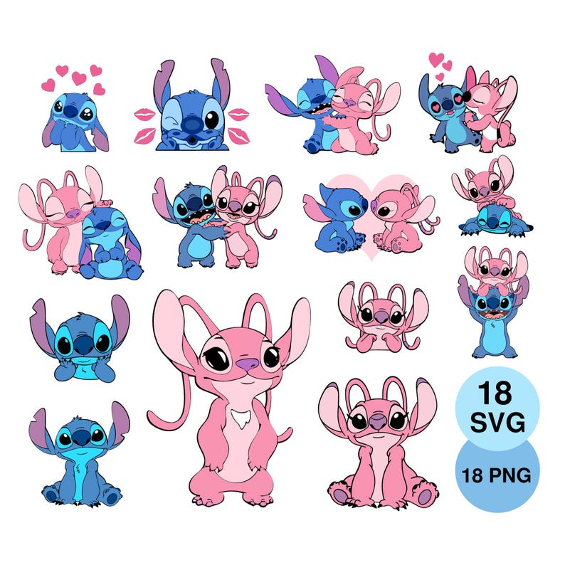 May include: A collection of cartoon illustrations featuring the characters Stitch and Angel in various poses. The images include Stitch winking, hugging Angel, and surrounded by hearts. The color palette is primarily blue and pink.