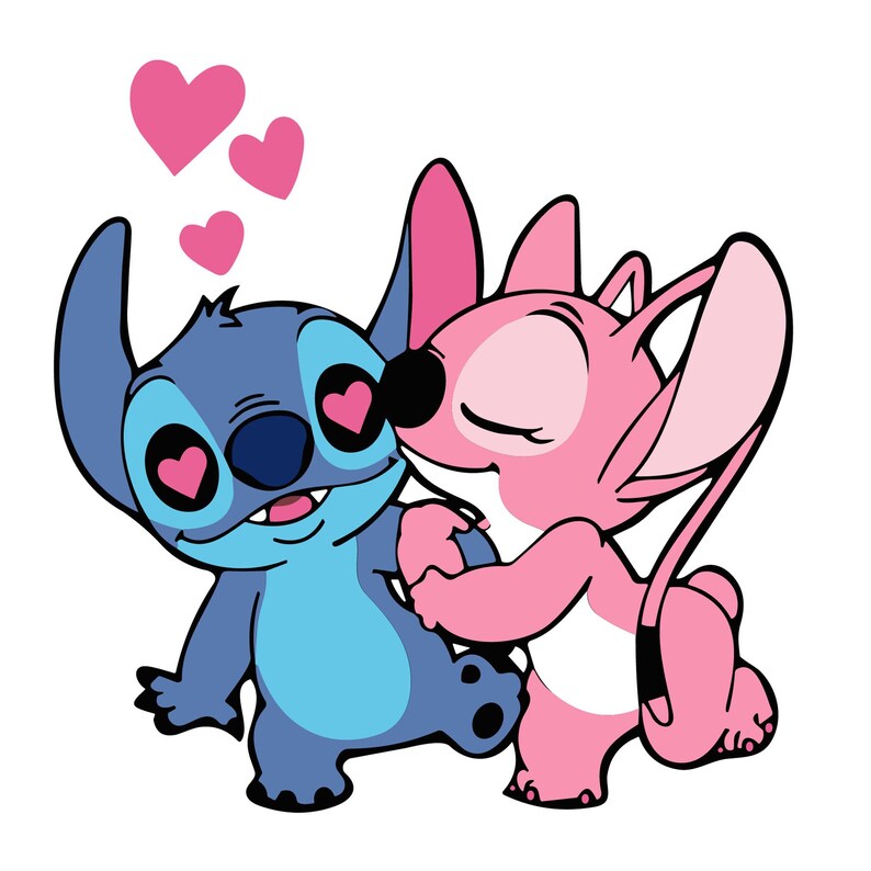 May include: A cartoon illustration of Stitch and Angel in a loving embrace. Stitch, in shades of blue, has heart-shaped eyes. Angel, in pink, kisses Stitch's cheek. Pink hearts float above them, set against a white background.