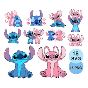 May include: A collection of cartoon character illustrations in blue and pink. The image features various poses of the characters, including hugging, kissing, and sitting. The image also includes the text "18 SVG" and "18 PNG" in a blue circle.